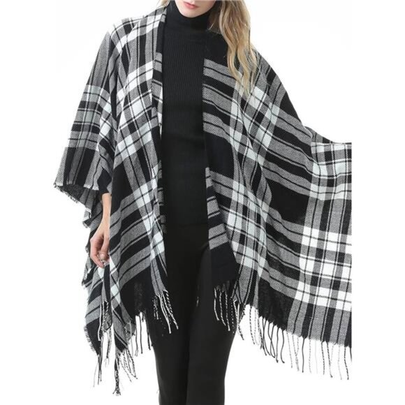 Black Plaid Printed Blanket Shawls Poncho Winter Open Front Wrap Cape Cardigan - Picture 4 of 6